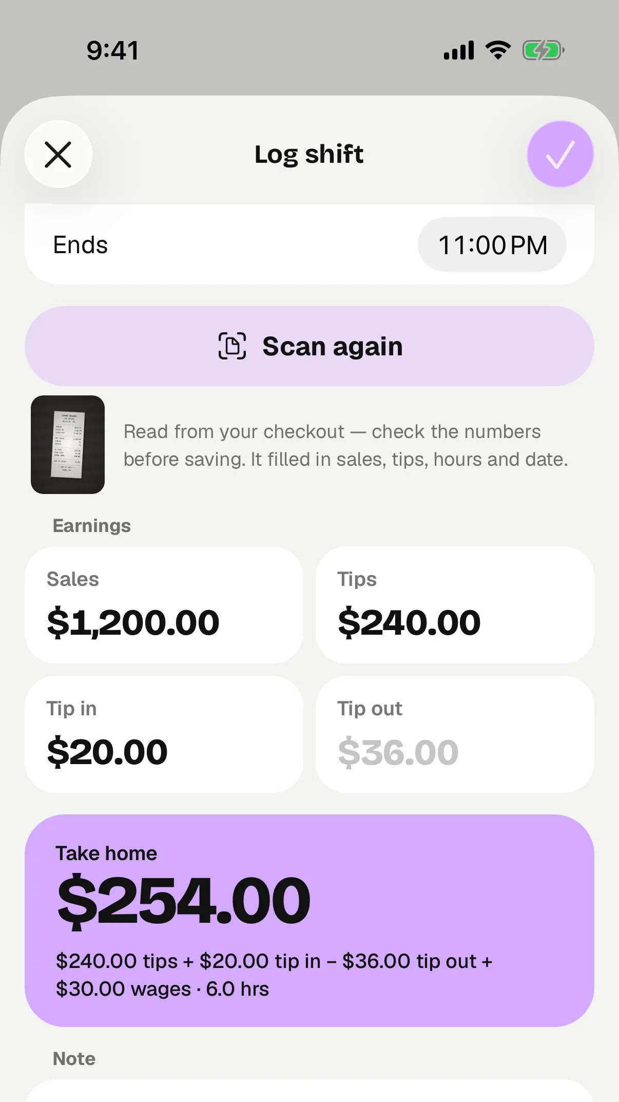 Log shift after a scan: sales $1,200.00 and tips $240.00 read from the slip, tip in $20.00 added by hand, $254.00 take home