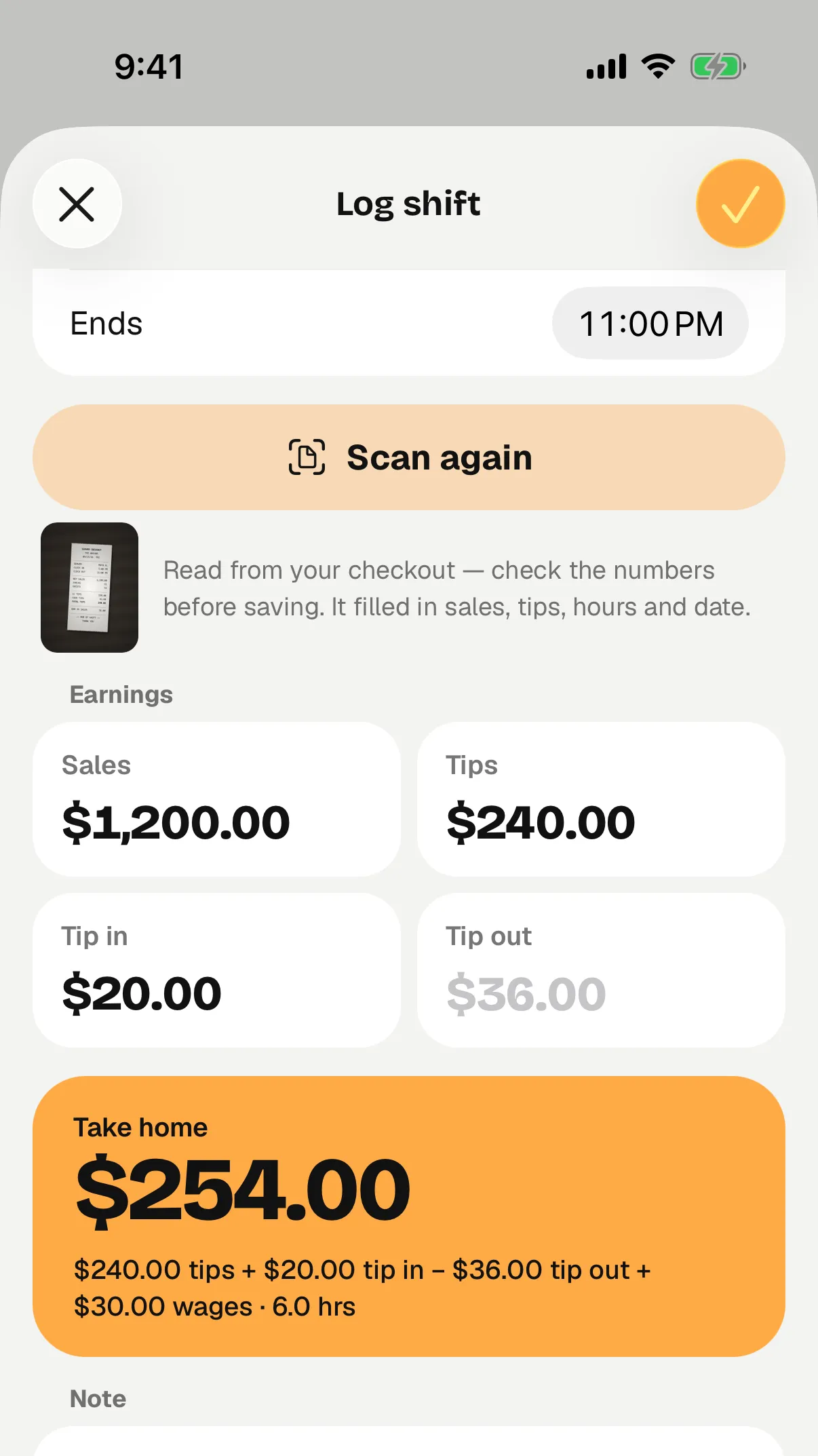 Log shift after a scan: sales $1,200.00 and tips $240.00 read from the slip, tip in $20.00 added by hand, $254.00 take home