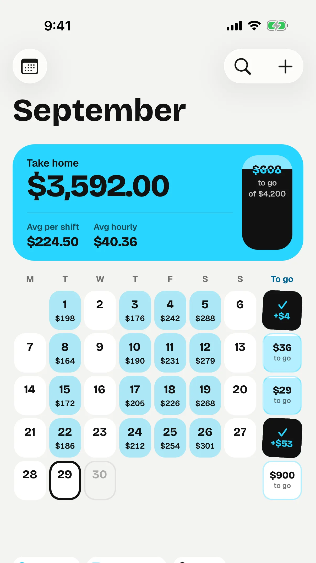 The calendar for September with $254 on Fri the 25th, $3,592.00 take home for the month