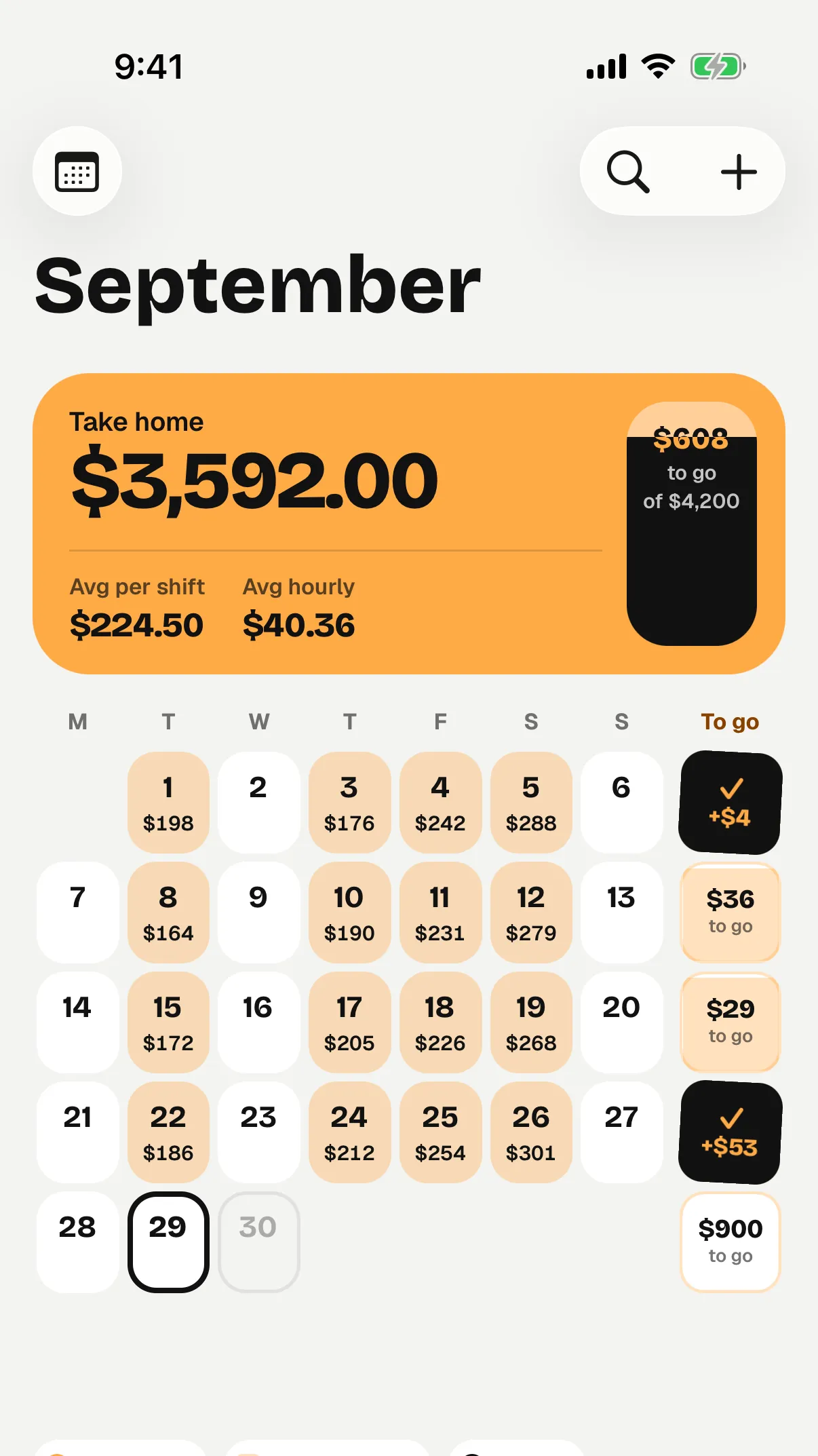 The calendar for September with $254 on Fri the 25th, $3,592.00 take home for the month